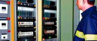 Электромонтажная бригада выполняет работы на электроустановке с использованием СИЗ и инструментов, рядом план эвакуации и маркировка кабелей