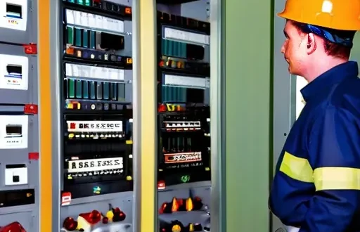 Электромонтажная бригада выполняет работы на электроустановке с использованием СИЗ и инструментов, рядом план эвакуации и маркировка кабелей