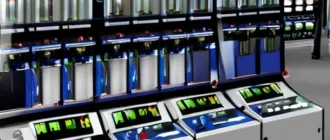 Промышленная автоматизированная система с PLC/контроллером, модульными IO-модулями и сенсорной панелью.