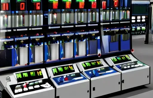 Промышленная автоматизированная система с PLC/контроллером, модульными IO-модулями и сенсорной панелью.