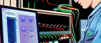 Инженер изучает схему за столом в лаборатории: осциллограф, мультиметр и тепловизор анализируют плату и трассировку