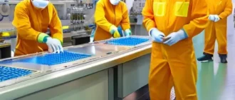 Рабочие на линии в современных СИЗ: каски, очки, респираторы, химзащита, перчатки, обувь и жилеты с высокой видимостью