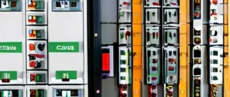 Электрический щит с автоматами и PLC в чистой мастерской, аккуратно проложенные кабели, маркировка на клеммниках