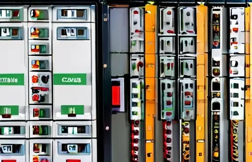 Электрический щит с автоматами и PLC в чистой мастерской, аккуратно проложенные кабели, маркировка на клеммниках