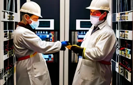 Электромонтеры в СИЗ работают на объекте с распределительным щитом и кабельной инфраструктурой, демонстрируя соблюдение правил электробезопасности.
