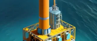 Схематическое изображение гибридной морской ветроэлектростанции с электролизером и хранилищем водорода на морской платформе, соединенной подводной кабельной сетью.