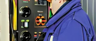Электромонтёр проверяет схему и нагрузку на щите 220/380 В с использованием измерительных приборов